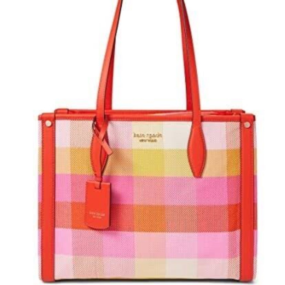 Kate Spade York Market Madras Woven Fabric Tote Pink Multi Gold